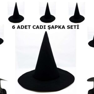 Siyah Cadı Şapkası Keçe Yetişkin Boy 6 Adet
