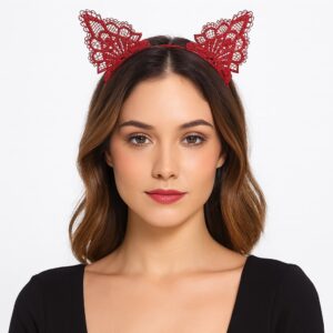 Dantelli Kırmızı Kedi Tacı - Vintage Tarz Dantel Kedi Kulak