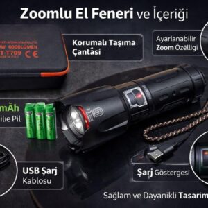 6000 Lümen 60W Şarjlı El Feneri - 2 KM Menzilli 10400 mAh Powerbank 4 Pilli Metal Fener RT-T709