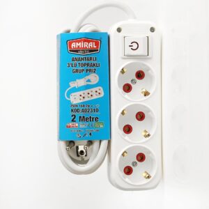 3 lü Topraklı Anahtarlı 2 Metre Kablolu Grup Priz