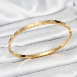 316L Çelik Gold Renk Zirkon Taşlı 65 mm İnce Kadın Kelepçe Bileklik TJ-BB7914