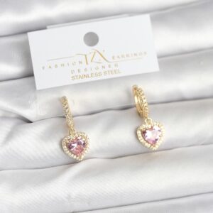 Pirinç Gold Pembe Renk Zirkon Taşlı Kalp Model Kadın Küpe TJ-BKP11393