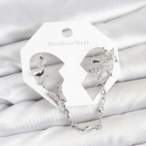 Pirinç Gümüş Renk Model Zincir Bağlantılı Ear Cuff Küpe Seti TJ-BKP11535