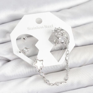 Pirinç Gümüş Renk Yıldız Model Zincir Bağlantılı Ear Cuff Küpe Seti TJ-BKP11539