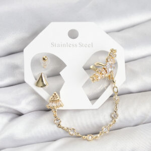 Pirinç Gold Renk Yıldızlı Model Zincir Bağlantılı Ear Cuff Küpe Seti TJ-BKP11540