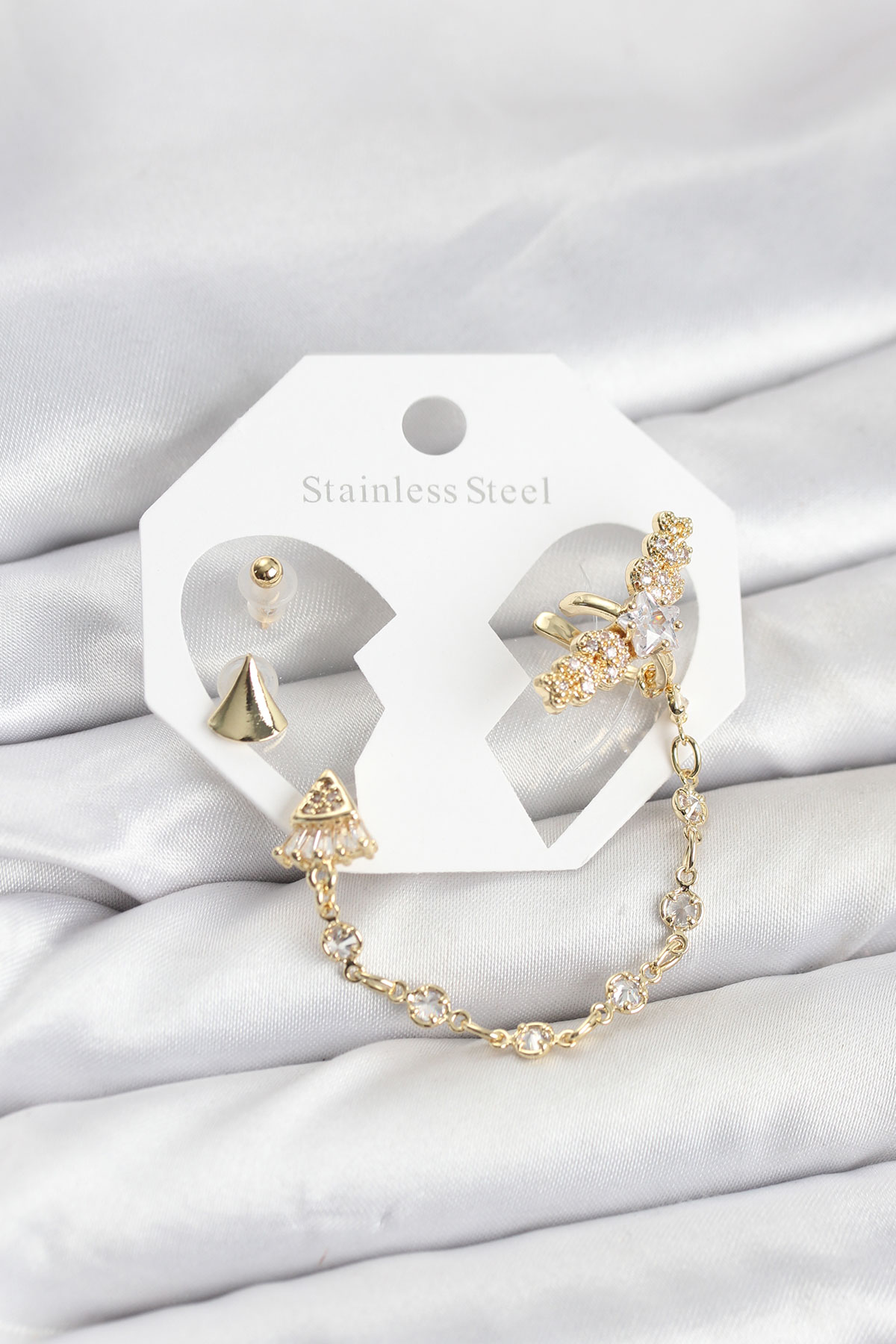 Pirinç Gold Renk Yıldızlı Model Zincir Bağlantılı Ear Cuff Küpe Seti TJ-BKP11540