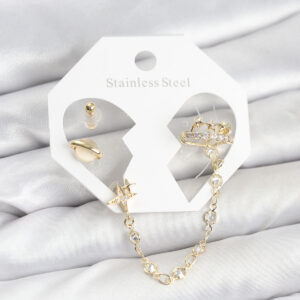 Pirinç Gold Renk Uzay Model Zincir Bağlantılı Ear Cuff Küpe Seti TJ-BKP11542