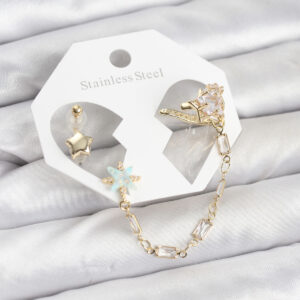 Yıldız Model Pirinç Gold Renk Zincir Bağlantılı Ear Cuff Küpe Seti TJ-BKP11545