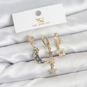 Pirinç Gold Renk Zirkon Taşlı Ay ve Yıldız Model YSX Trio Küpe Seti TJ-BKP11574