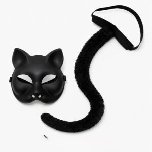 Siyah Kedi Maskesi ve Peluş Kuyruk Kostüm Seti 70 cm
